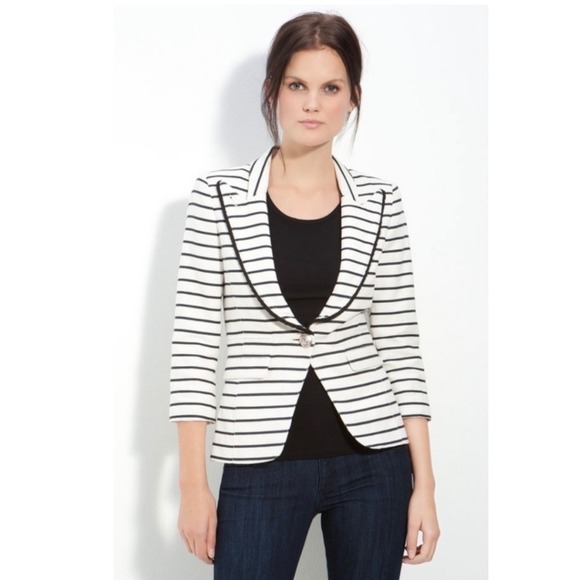 Smythe Striped Blazer Black White Linen Blend Nautical Preppy Size 2